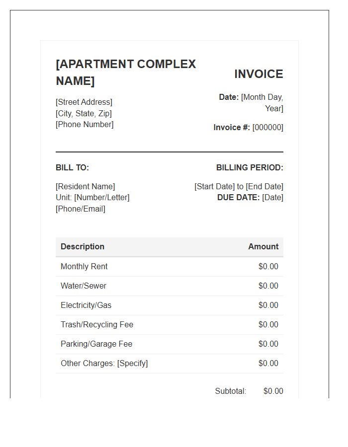 Apartment Complex Monthly Billing Invoice Template