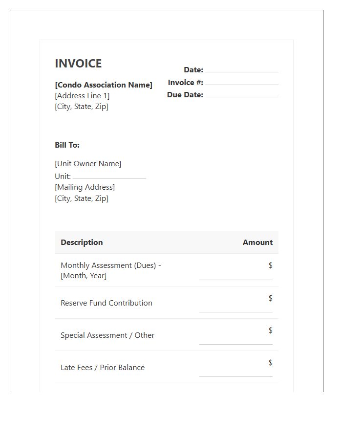 Condo Association Monthly Dues Invoice Template