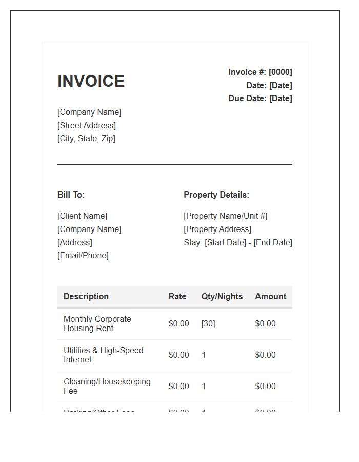 Corporate Housing Monthly Invoice Template