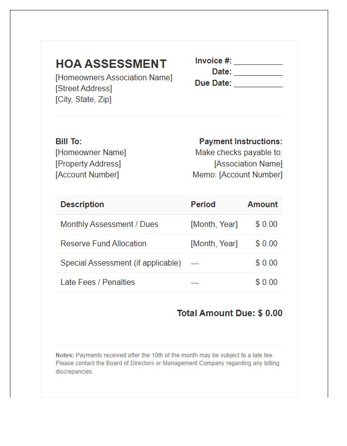 Homeowners Association Monthly Assessment Invoice Template