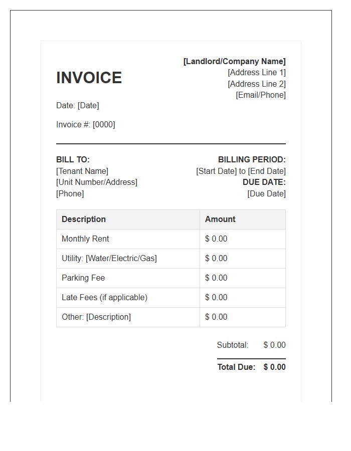 Landlord Monthly Tenant Billing Invoice Template
