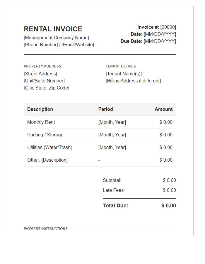 Property Management Monthly Rental Invoice Template