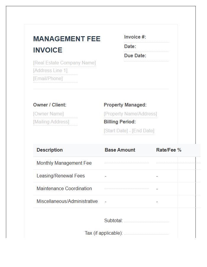 Real Estate Management Fee Invoice Template