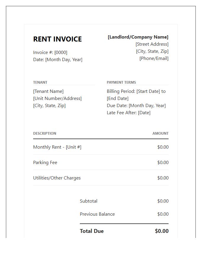 Residential Leasing Monthly Recurring Invoice Template