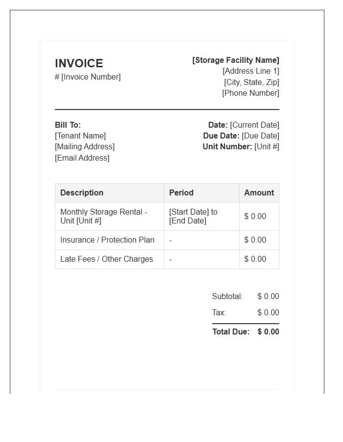 Storage Unit Monthly Rental Invoice Template