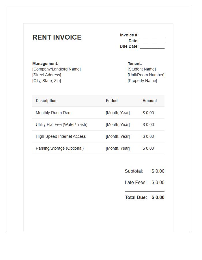 Student Housing Monthly Recurring Invoice Template