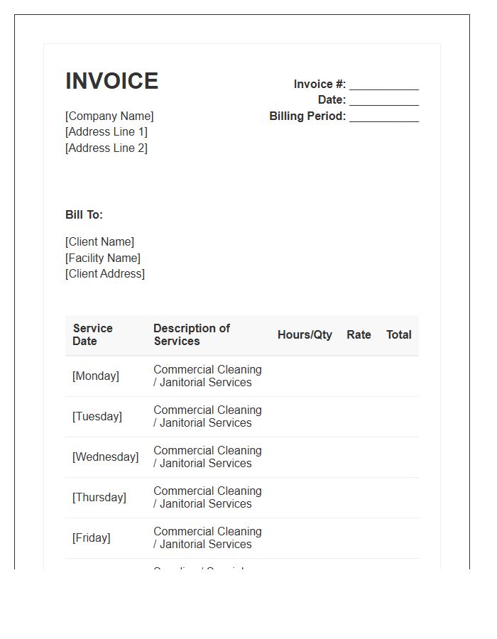Commercial Janitorial Weekly Billing Invoice Template