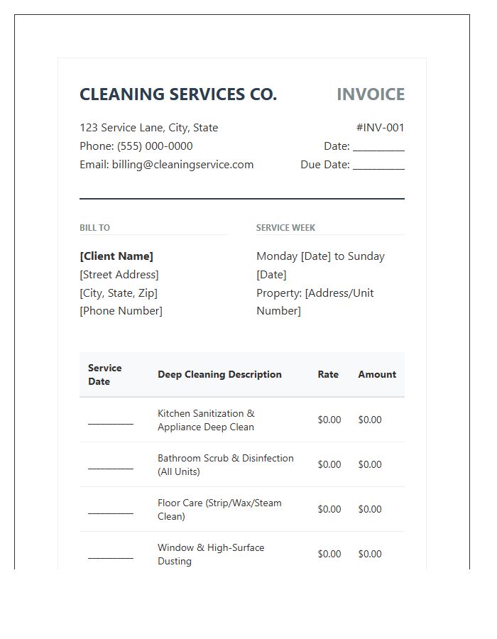 Professional Deep Cleaning Weekly Invoice Template