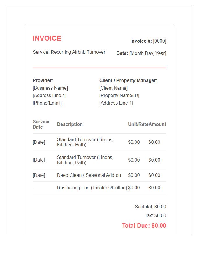 Recurring Airbnb Cleaning Service Invoice Template