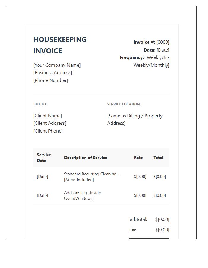 Recurring Housekeeping Service Invoice Template