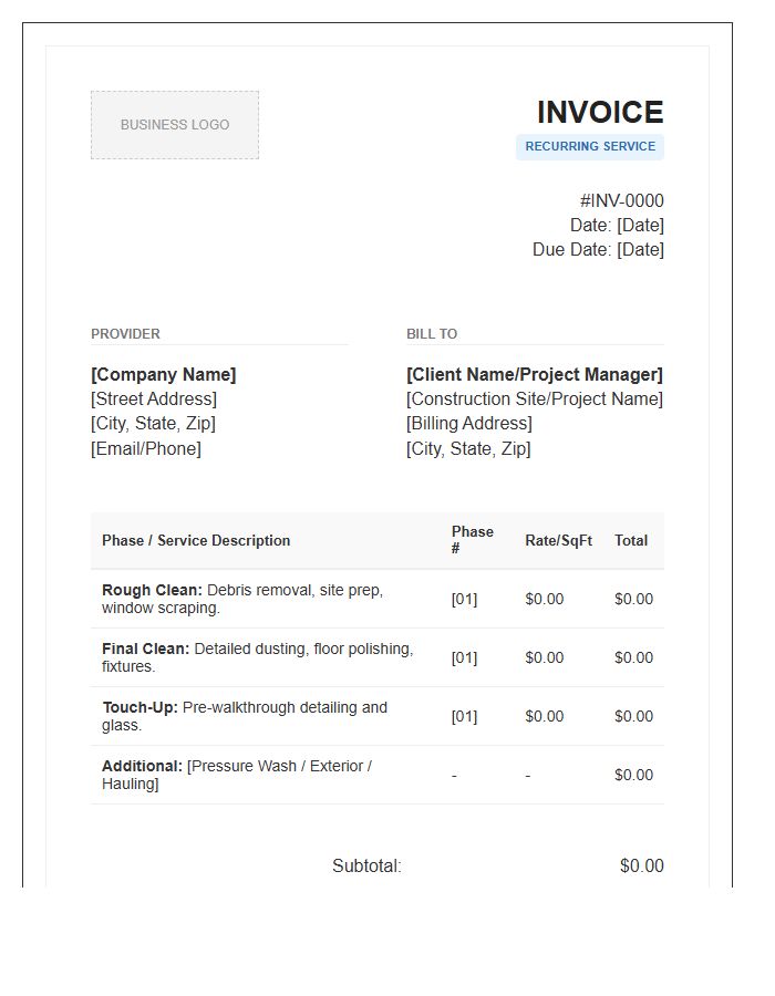 Recurring Post Construction Cleaning Invoice Template