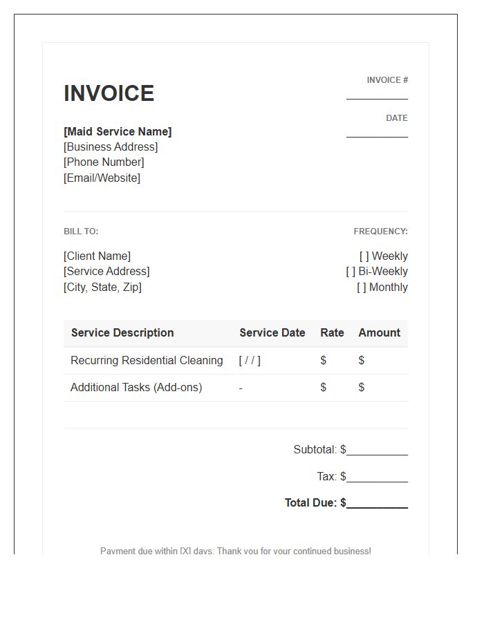 Recurring Residential Maid Service Invoice Template