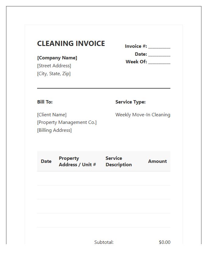 Weekly Move In Cleaning Invoice Template