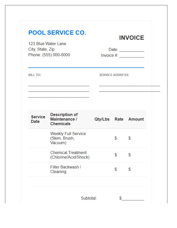 Weekly Pool Cleaning Service Invoice Template