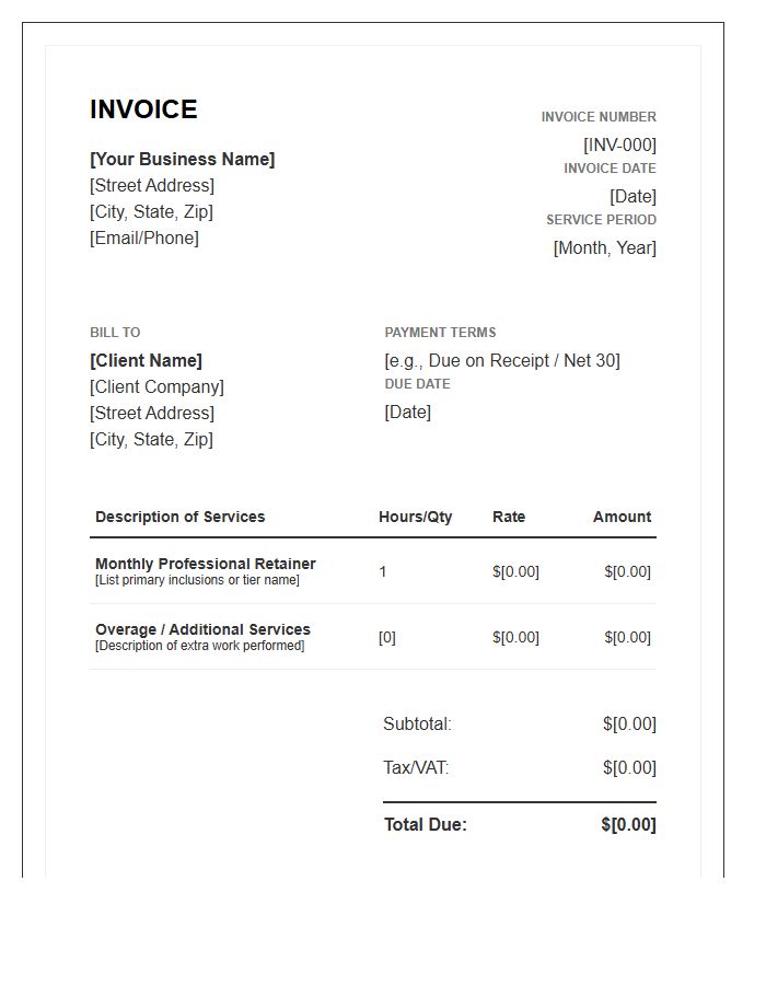 Recurring Professional Services Retainer Invoice Template
