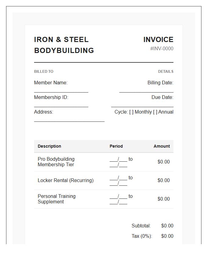 Bodybuilding Gym Recurring Payment Invoice Template