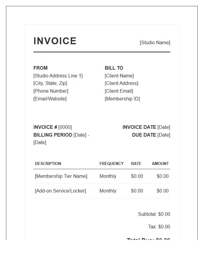 Boutique Fitness Studio Recurring Invoice Template