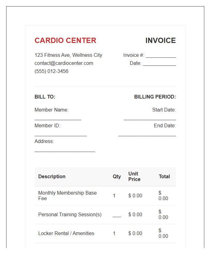 Cardio Center Monthly Membership Invoice Template