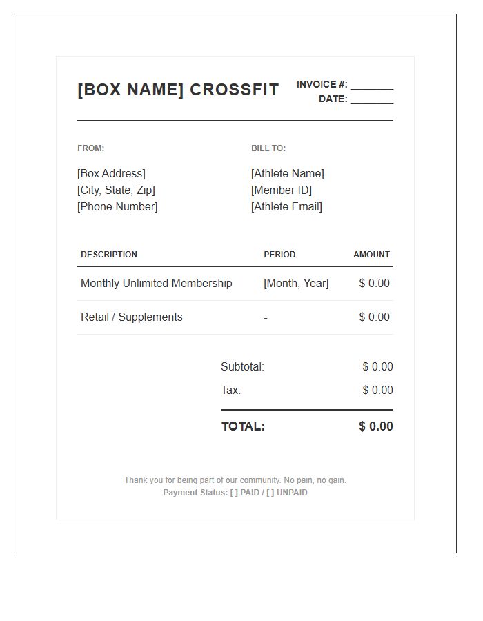 Crossfit Box Monthly Membership Invoice Template