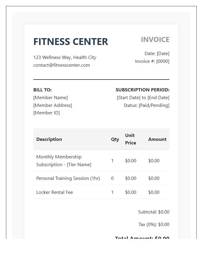 Fitness Center Subscription Billing Invoice Template