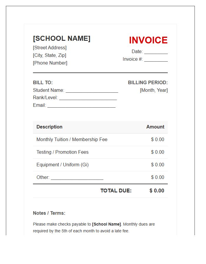 Martial Arts School Monthly Invoice Template