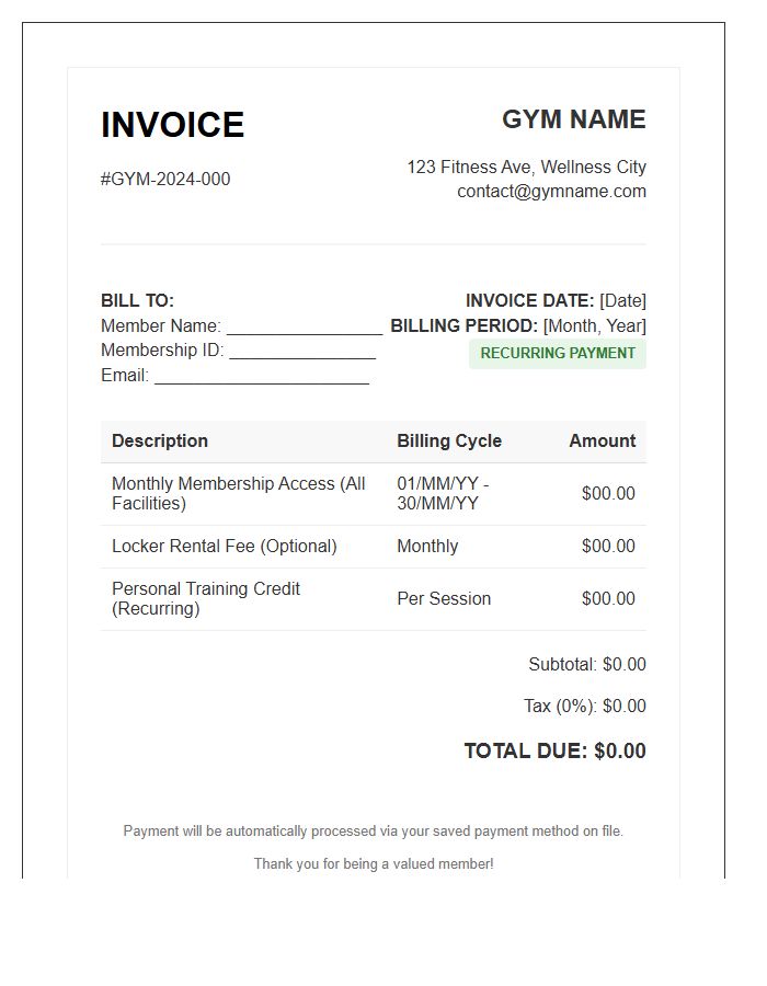 Monthly Gym Membership Recurring Invoice Template