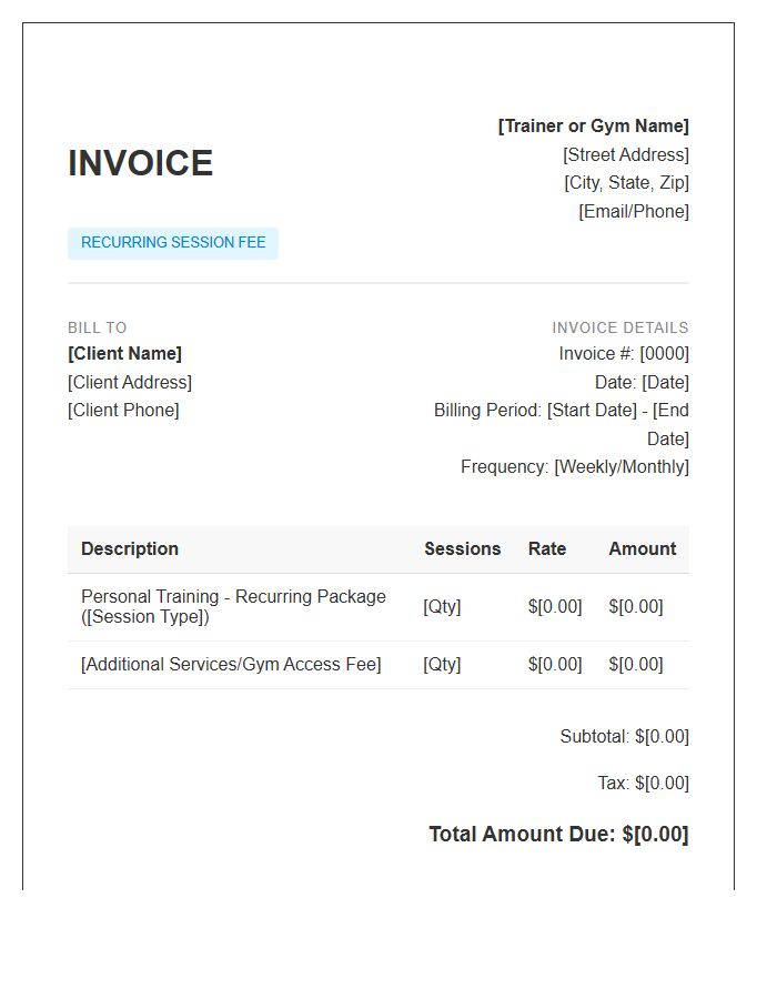 Personal Training Session Recurring Invoice Template