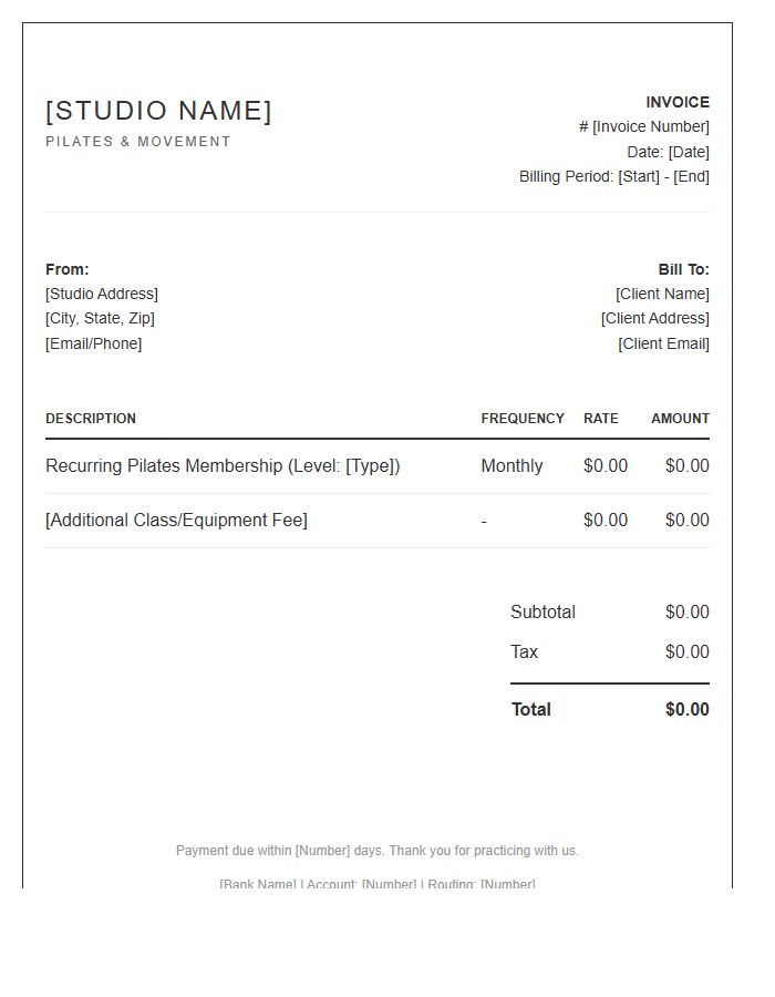 Pilates Class Recurring Fee Invoice Template