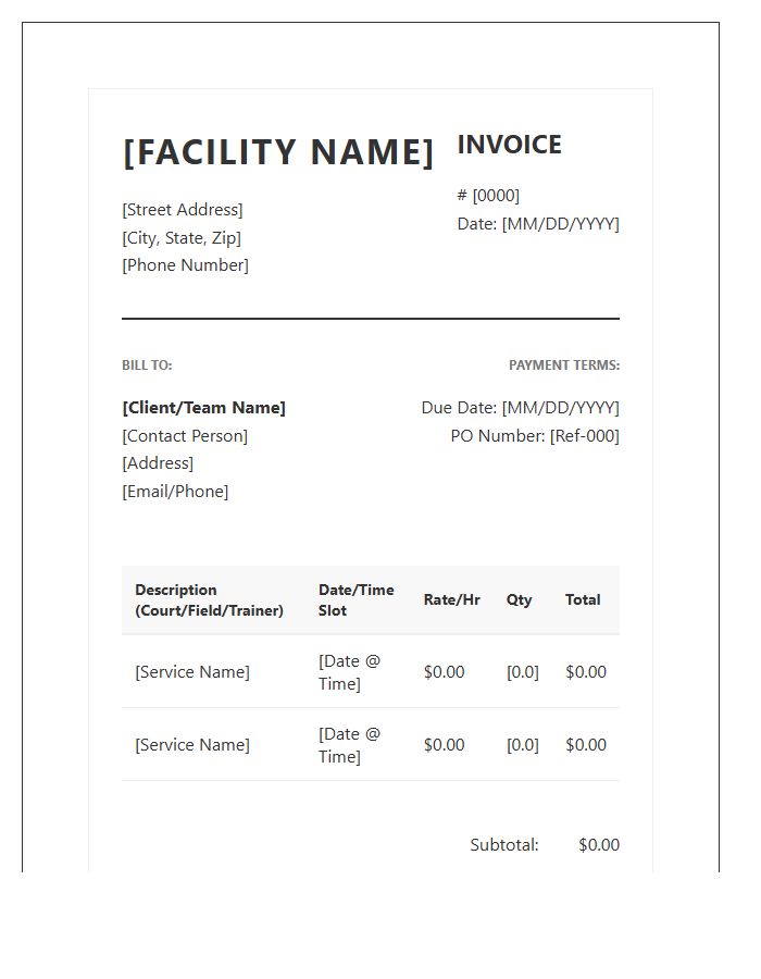 Professional Sports Facility Invoice Template
