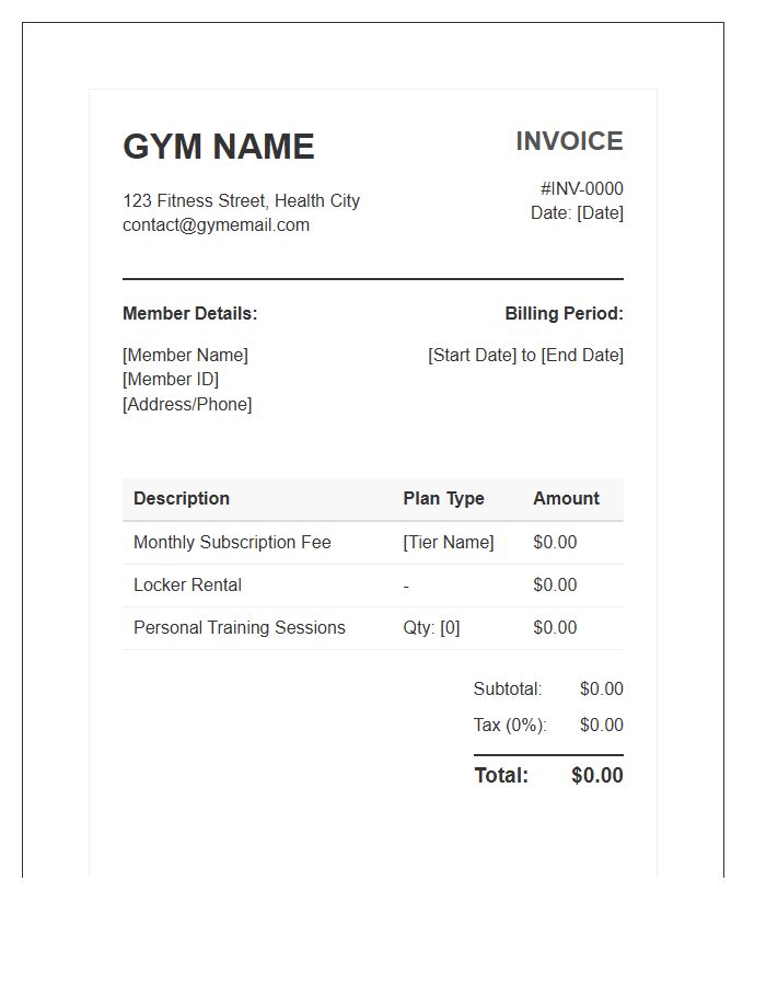 Standard Gym Subscription Billing Invoice Template