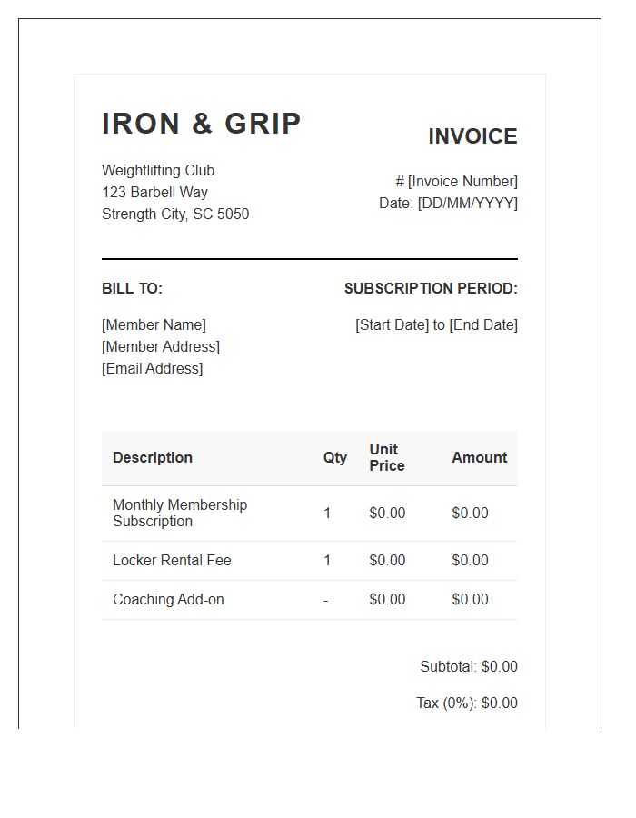 Weightlifting Club Subscription Invoice Template