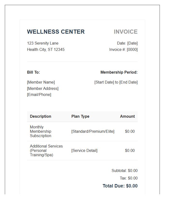 Wellness Center Monthly Membership Invoice Template