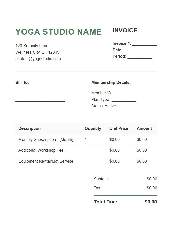 Yoga Studio Subscription Service Invoice Template