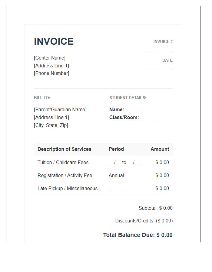 Child Development Center Invoice Template