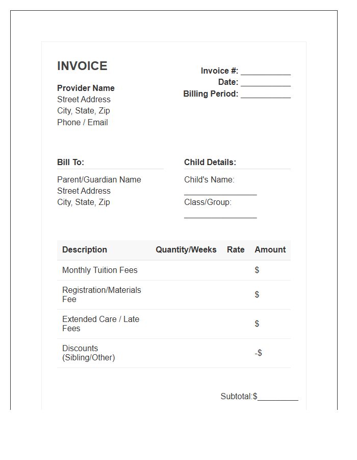 Childcare Monthly Billing Invoice Template