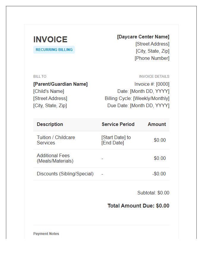 Daycare Center Recurring Invoice Template