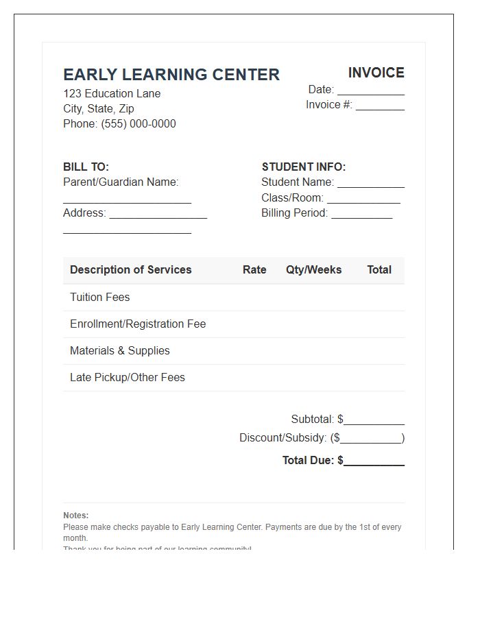Early Learning Center Invoice Template