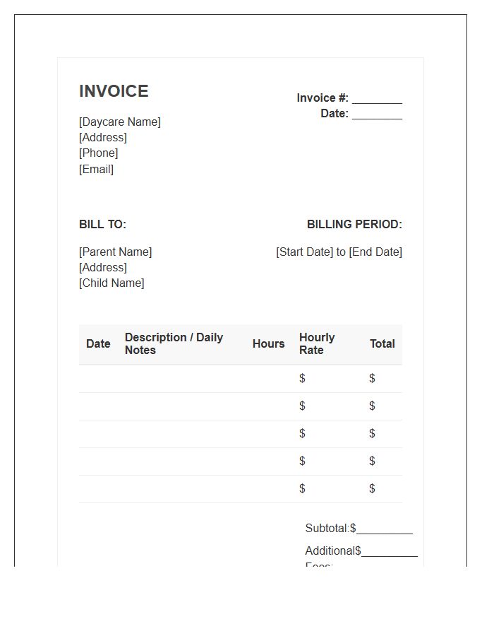 Hourly Daycare Rate Invoice Template