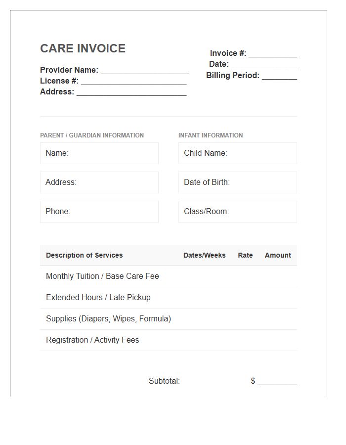Infant Care Monthly Invoice Template