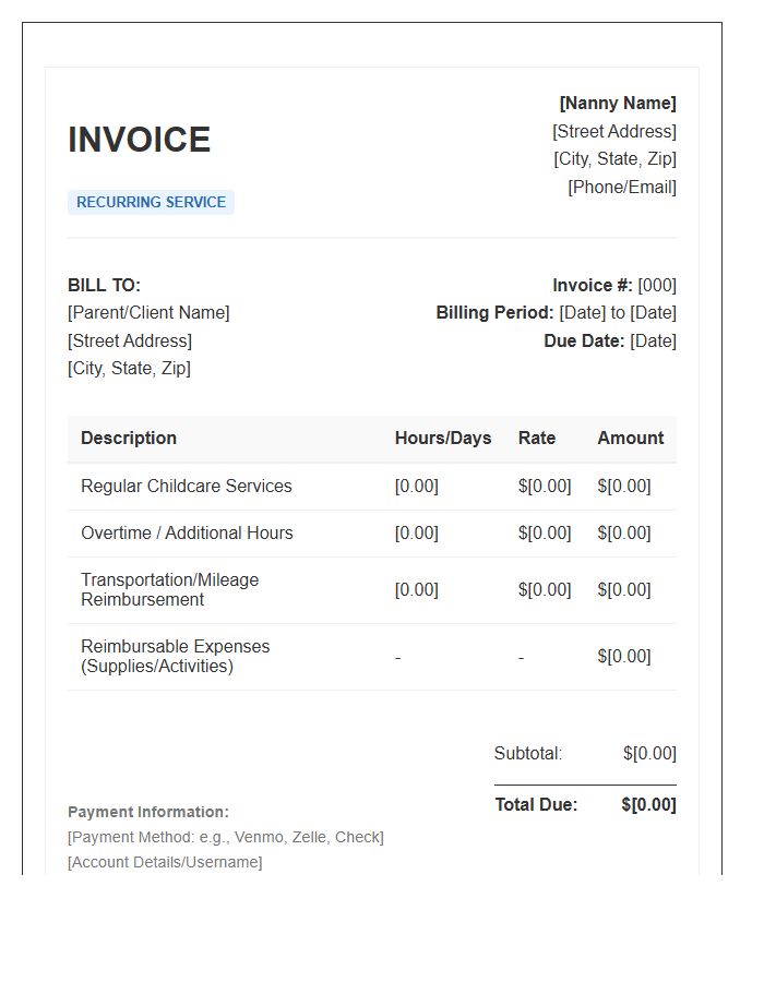 Nanny Service Recurring Invoice Template