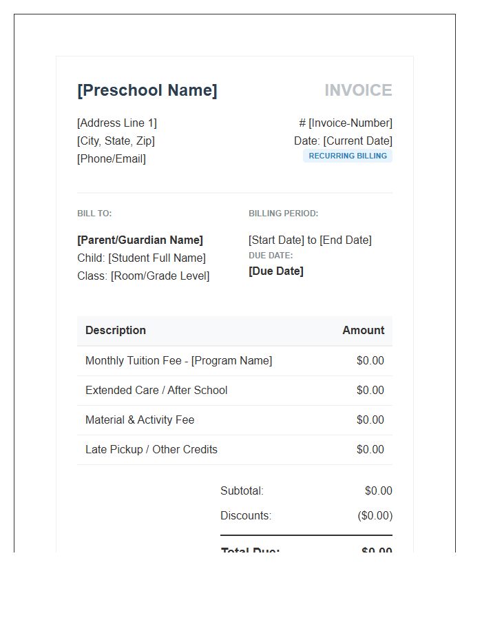Preschool Tuition Recurring Invoice Template