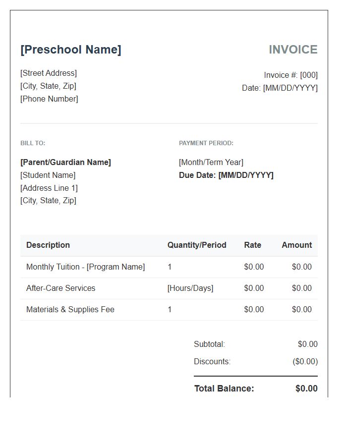 Private Preschool Fee Invoice Template