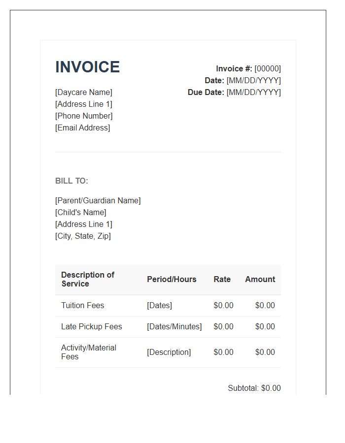 Professional Daycare Billing Invoice Template