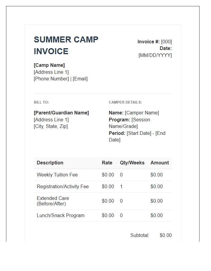Summer Camp Daycare Invoice Template