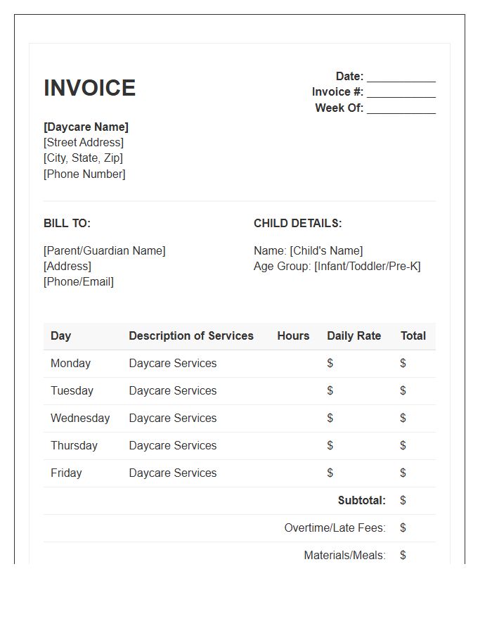 Weekly Daycare Services Invoice Template