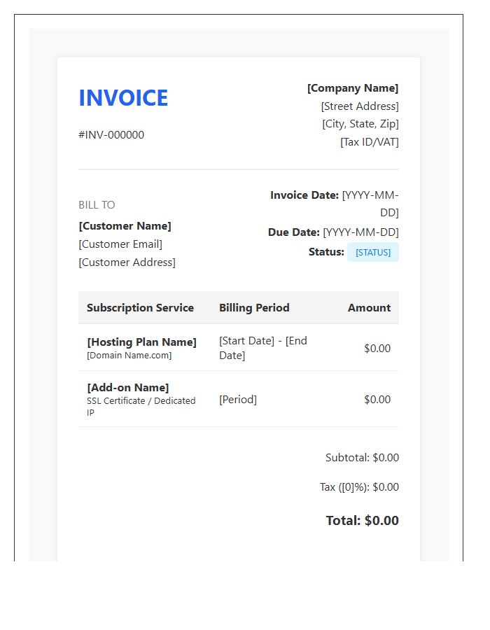 Automated Web Hosting Subscription Invoice Template