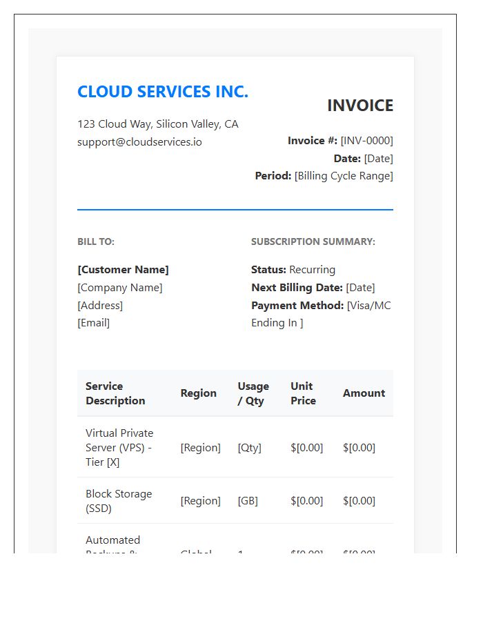 Cloud Server Subscription Recurring Invoice Template