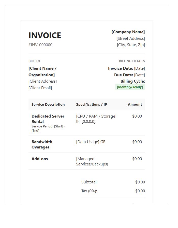 Dedicated Server Rental Recurring Invoice Template