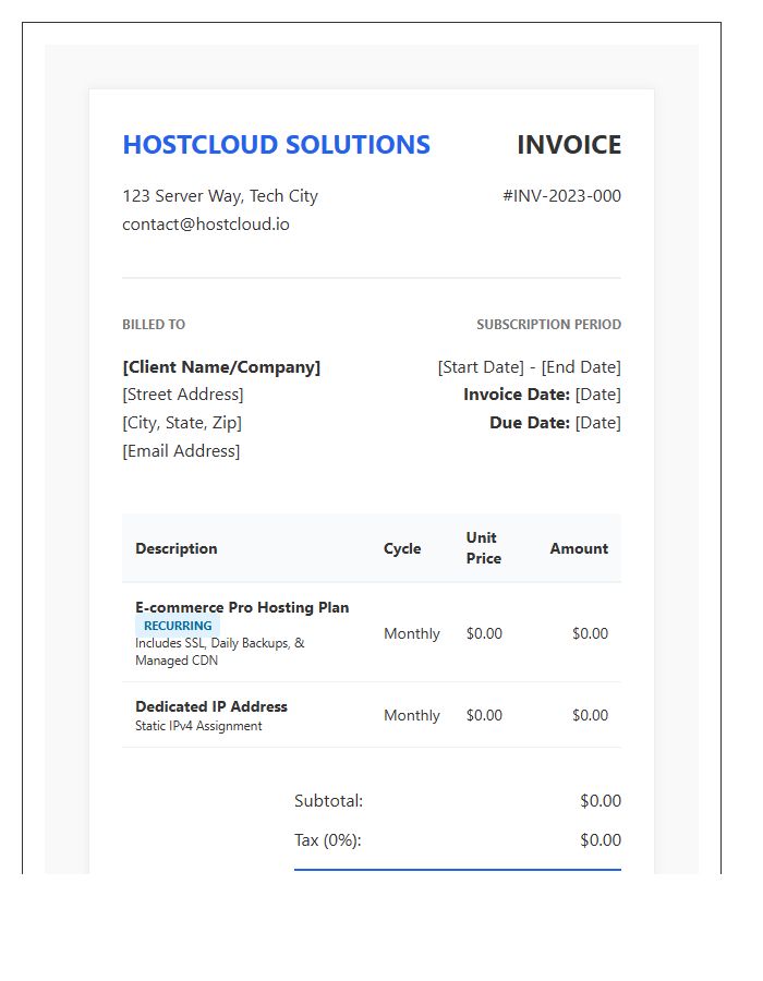 E-commerce Hosting Plan Recurring Invoice Template