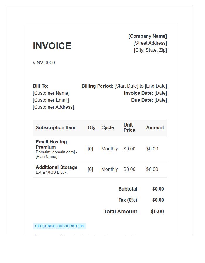 Email Hosting Subscription Recurring Invoice Template